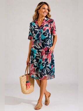 Saltaire 100% Silk Tropical Floral Tunic Dress w/ Silk Slip Pockets Size 2